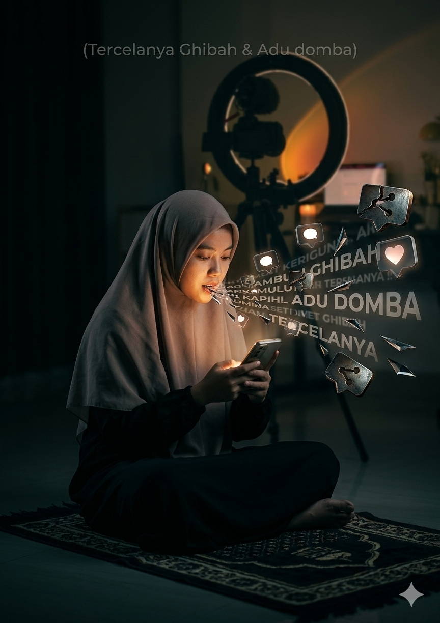 Ilustrasi muslimah menggunakan smartphone dengan efek visual kata ghibah dan adu domba yang keluar dari layar sebagai peringatan bahaya lisan di media sosial.