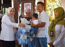 Wakil Bupati Banyumas Dwi Asih Lintarti menyerahkan bantuan sebagai simbolis upaya cara mencegah stunting anak kepada keluarga di Pendopo Si Panji.