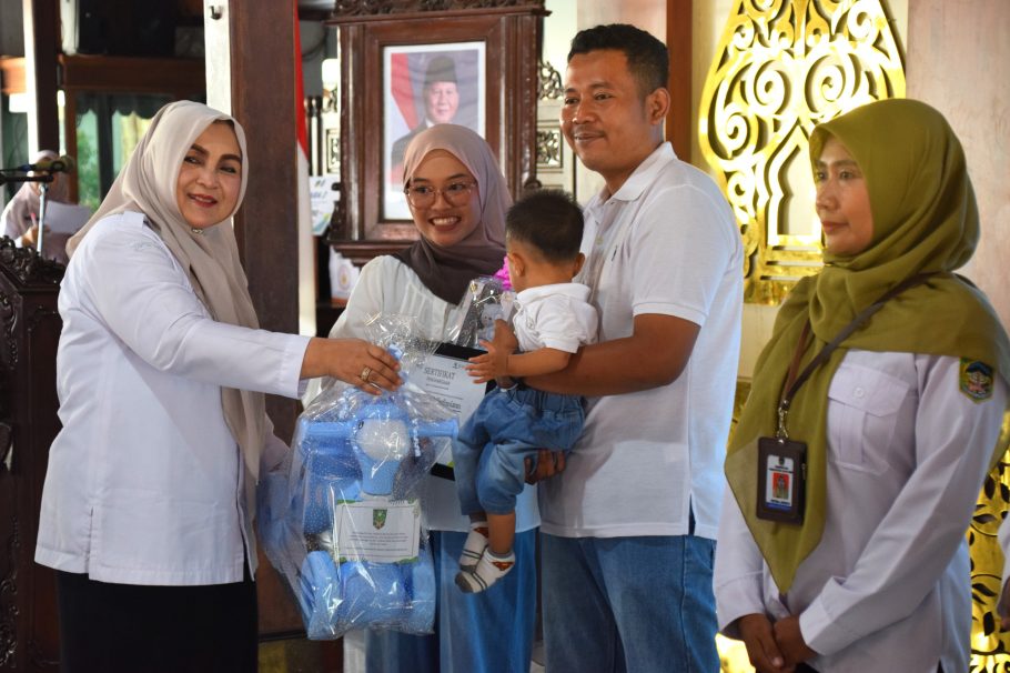 Wakil Bupati Banyumas Dwi Asih Lintarti menyerahkan bantuan sebagai simbolis upaya cara mencegah stunting anak kepada keluarga di Pendopo Si Panji.